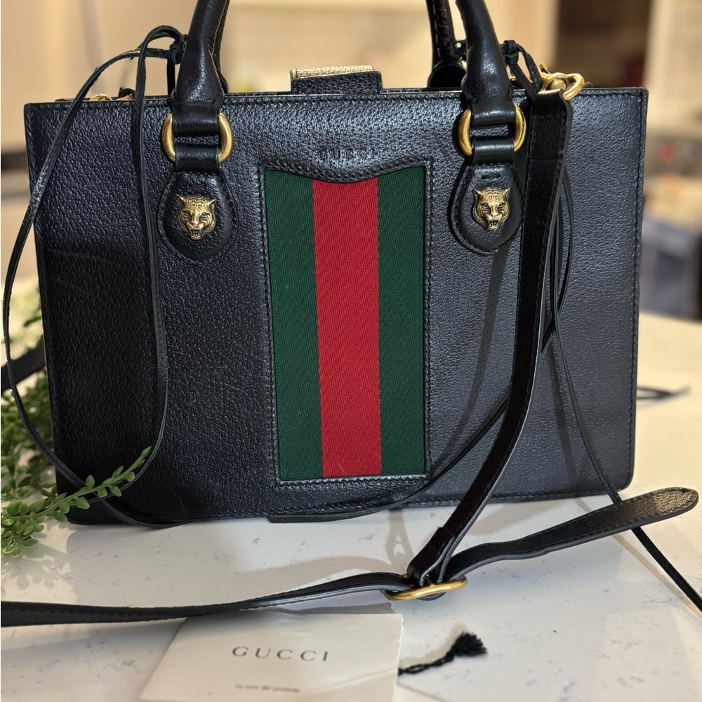 Gucci Black Animalia 2 way bag with sherry line Red and Green Accent
